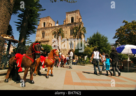 L'Equateur, Cuenca, petits chevaux faux sur le parc Abdon Calderon en face de la cathédrale de l'Immaculée Conception, certains pedes Banque D'Images