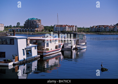 Héron est assis sur la roche près de péniches, Inner Harbour, Victoria, Colombie-Britannique, Canada Banque D'Images