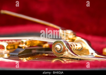 Close up detail d'une guitare électrique (Gretsch). Montre également l'attachement de la tige de vibrato. Peu de profondeur de champ. Banque D'Images