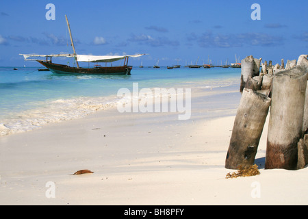 Un bateau de pêche en bois ancrée au large de la plage de sable blanc de Nungwi, Zanzibar. Aines de bois protection de l'érosion de la plage Banque D'Images