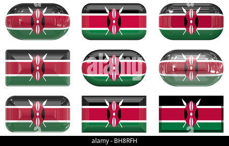 Les boutons en verre neuf du drapeau du Kenya Banque D'Images