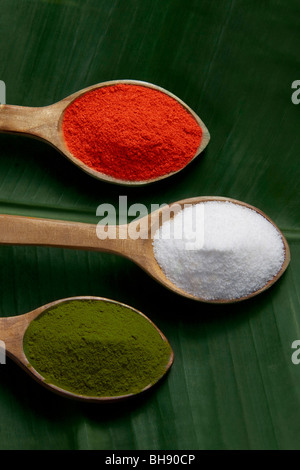 Les épices dans des cuillères en bois Banque D'Images