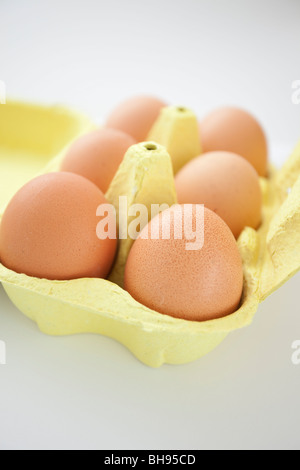 Oeufs biologiques bruns frais dans un carton jaune sur un fond blanc Banque D'Images