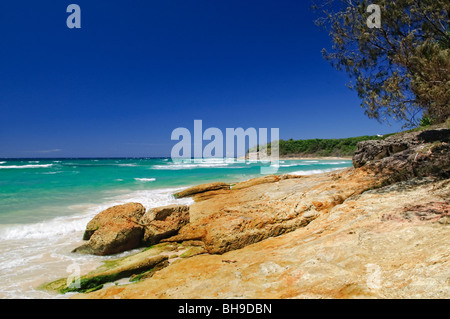 Cylinder Beach North Stradbroke Island Queensland Australie / NORTH STRADBROKE ISLAND, Australie — les eaux turquoises rencontrent des affleurements rocheux dorés le long du littoral de Cylinder Beach. Connue par le peuple Quandamooka sous le nom de Minjerribah, la masse continentale est la deuxième plus grande île de sable du monde, son volume étant construit à partir de sédiments balayés vers le nord le long de la côte du Queensland pendant des centaines de milliers d'années. Les promontoires rocheux exposés visibles ici font partie des rares ancrages structurels au sein de ces vastes systèmes de dunes ; point Lookout, le seul véritable promontoire rocheux de l'île, abrite la crique orientée vers le nord Banque D'Images