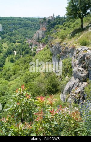 Fleurs sauvages sur l'escarpement à la recherche vers le village médiéval de Rocamadour, Lot, Occitanie, France, Europe, en été Banque D'Images