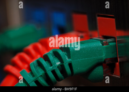 Différentes couleurs de câbles Ethernet branché sur les prises murales. Banque D'Images