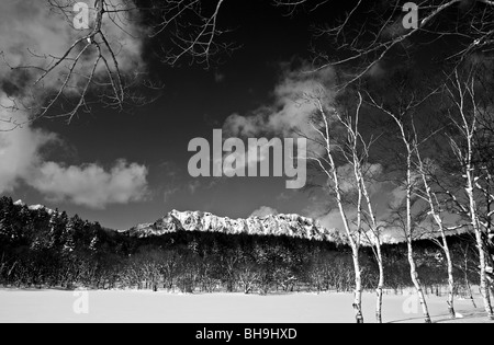 Noir et blanc à contraste élevé paysage atmosphérique. Lac d'hiver gelé au Japon avec la montagne Sanctuaire Togakushi et sommets enneigés en arrière-plan Banque D'Images