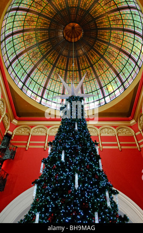 Arbre de Noël du Queen Victoria Building Sydney Australie // SYDNEY, Australie — Grand arbre de Noël à plusieurs étages dans la galerie marchande du Queen Victoria Building de Sydney, avec le dôme, vitrail au-dessus. Le Queen Victoria Building, chef-d'œuvre architectural emblématique, se dresse majestueusement au cœur de Sydney. Construite à la fin du XIXe siècle, cette structure de style néo-roman abrite un éventail de boutiques, cafés et boutiques haut de gamme. L'intérieur grandiose du bâtiment présente de superbes vitraux, un carrelage complexe et un magnifique dôme central, ce qui en fait une destination populaire Banque D'Images