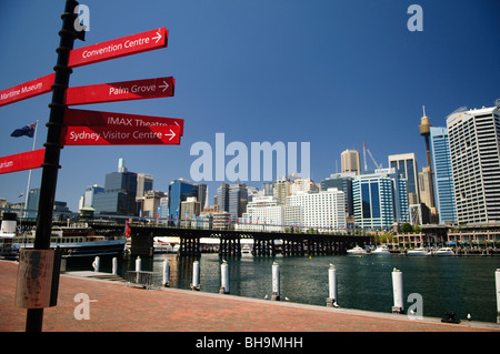 SYDNEY, Australie — panneaux rouges à Darling Harbour avec les gratte-ciel de Sydney en arrière-plan Banque D'Images