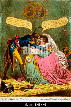 Le premier baiser ce dix ans ! - Ou - la réunion de Britannia & François Citoyen, Caricature politique, 1803 Banque D'Images