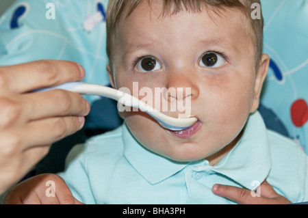 L'alimentation à la main de la jeune femme dans une chaise haute bébé garçon Banque D'Images