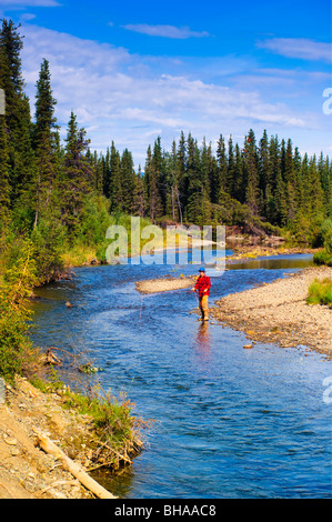 L'homme la pêche à la mouche de l'ombre, Jack Creek, Wrangell Saint Elias, Southcentral Alaska, l'été Banque D'Images