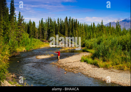 L'homme la pêche à la mouche de l'ombre, Jack Creek, Wrangell Saint Elias, Southcentral Alaska, l'été Banque D'Images