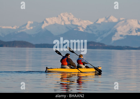 Les kayakistes de mer paddle le rivage sur une soirée calme dans vos favoris Passage près de Juneau, Alaska Banque D'Images