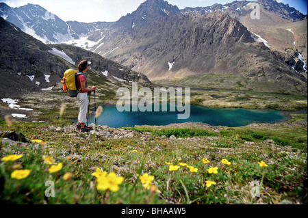 Randonneur surplombe les lacs Williwaw, parc d'état de Chugach, près d'Anchorage, Southcentral Alaska, l'été Banque D'Images