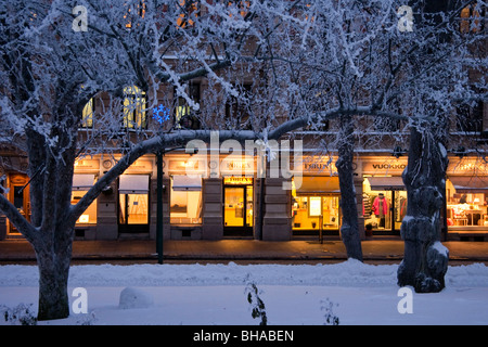 Rue d'Helsinki Finlande juste avant la nuit derrière les arbres gelés Banque D'Images