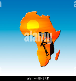 Carte de l'Afrique avec un squelette d'ossature à l'avant-plan. Image conceptuelle de la famine en Afrique Banque D'Images