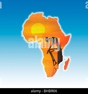 Carte de l'Afrique avec un squelette d'ossature à l'avant-plan. Image conceptuelle de la famine en Afrique Banque D'Images