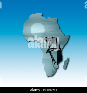 Carte de l'Afrique avec un squelette d'ossature à l'avant-plan. Image conceptuelle de la famine en Afrique Banque D'Images