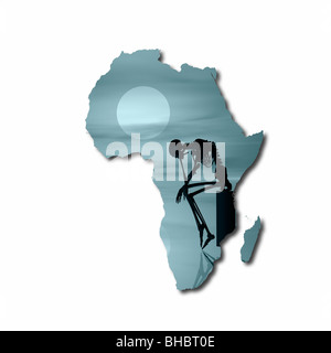 Carte de l'Afrique avec un squelette d'ossature à l'avant-plan. Image conceptuelle de la famine en Afrique Banque D'Images