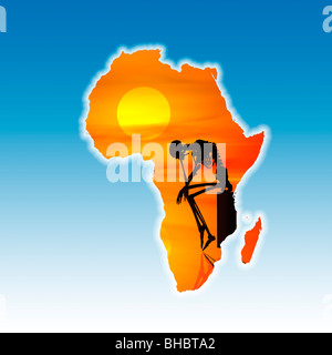 Carte de l'Afrique avec un squelette d'ossature à l'avant-plan. Image conceptuelle de la famine en Afrique Banque D'Images