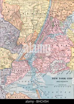 Ancienne carte d'origine de la ville de New York à partir de 1903 manuel de géographie Banque D'Images