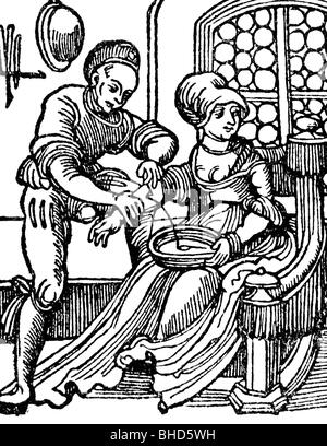 La médecine, le traitement, la saignée / venesection, une dame au cours de l'effusion de procédure, gravure sur bois, 1520, Renaissance, 16e 100 Banque D'Images