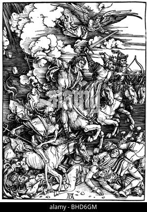 La religion, l'Apocalypse, les quatre cavaliers de l'Apocalypse, gravure sur bois par Albrecht Duerer, 1497 / 1498, l'artiste n'a pas d'auteur pour être effacé Banque D'Images