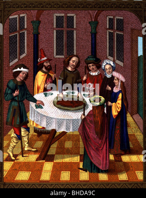 Religion, judaïsme, Juifs célébrant la Pâque, chromolithographe après miniature d'un missal, XVe siècle, peinture après l'école de van Eyck, Bibliothèque de l'Arsenal, Paris, historique, Jewry, Moyen âge, manger, couper du pain, médiéval, peuple, Banque D'Images