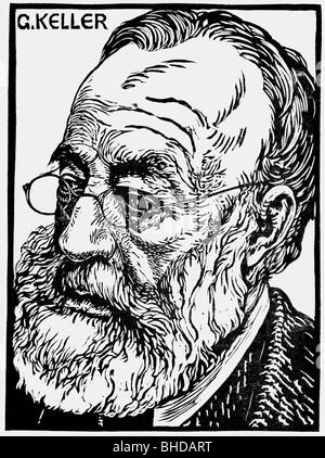 Keller, Gottfried, 19.7.1819 - 16.7.1890, poète suisse, portrait, coupe de bois par Karl Hanny, Banque D'Images