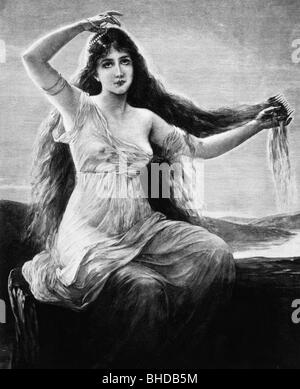 Loreley, figure mythique allemande, fée, sirène, gravure en bois après peinture par Otto Lingner, fin du XIXe siècle, Banque D'Images