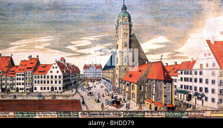 Géographie / voyages, Allemagne, Leipzig, église Saint Thomas, école et Bosehaus, gravure colorée de Johann Georg Schreiber, après 1732, Banque D'Images