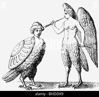 Harpies, créatures mythiques grecques (demi-femme, demi-oiseau), gravure en bois, XIXe siècle, Banque D'Images