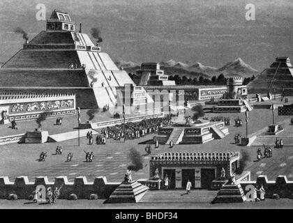 Géographie / voyage, Mexique, Aztec Empire, Tenochtitlan, temple de Quetzalcoatl, reconstruction, dessin, XIXe siècle, historique, historique, religion, vue sur la ville, paysage urbain, vues sur la ville, paysages urbains, paysages urbains, Amérique centrale, site méso-américain, sites, pré-colombien, CEAM, population, Banque D'Images