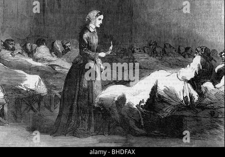 Nightingale, Florence, 15.5.1820 - 13.8.1910, infirmière britannique, à l'hôpital de Scitari, 1855, gravure sur bois, XIXe siècle, Banque D'Images