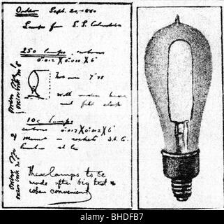 Edison, Thomas Alva, 11.2.1847 - 18.10.1931, inventeur américain, premier prototype de la lampe à filament de carbone avec des commentaires à côté de l'illustration, Banque D'Images