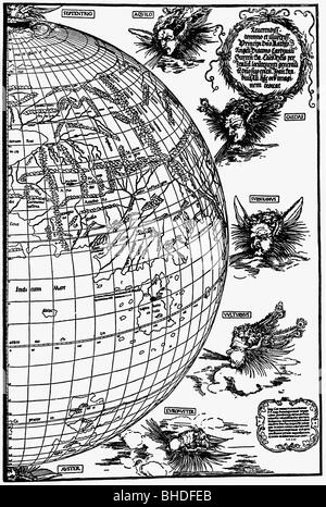 Cartographie, globes, hémisphère oriental, avec illustration des vents, coupe du bois, 1515, Banque D'Images