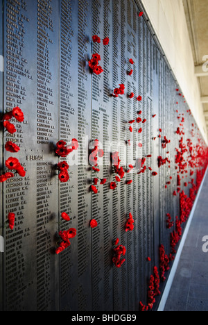 Monument commémoratif de la guerre australien mur des noms Poppies Canberra Australie // CANBERRA, Australie — Un mur au monument commémoratif de la guerre australienne commémore ceux qui sont morts au service militaire en Australie. Les coquelicots rouges sont un hommage traditionnel, souvent posé sur le mur. Le Mémorial australien de la guerre, situé à Canberra, DANS LE TERRITOIRE DE LA CAPITALE AUSTRALIENNE, est un monument national commémorant les sacrifices militaires consentis par les Australiens dans divers conflits au cours de l'histoire. Banque D'Images
