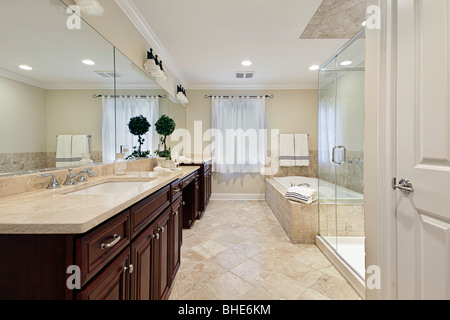 Maison de luxe dans la salle de bains principale avec douche en verre Banque D'Images