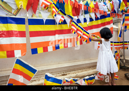 Une jeune fille de couleur suspendus drapeaux bouddhistes au Sri Maha Bodi ( un temple bouddhiste sacrat) Sri Lanka Anuradhapura Banque D'Images