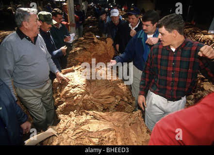 Les acheteurs ont offert du tabac sur les paquets de tabac durant l'assemblée annuelle des ventes aux enchères de tabac, 7 avril 1998, MD Hughesville dans. Banque D'Images