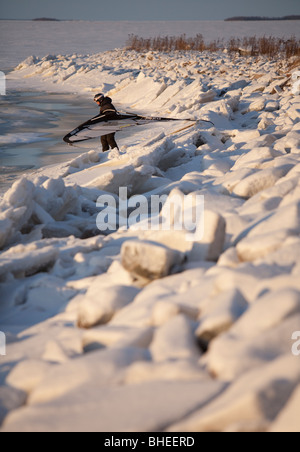 Homme portant un kitewing , Finlande Banque D'Images