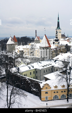 Couvert de neige des toits de la vieille ville, Tallinn, Estonie. Banque D'Images