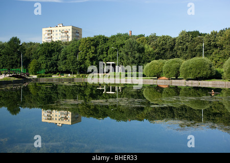 Petite ville étang dans parc tôt le matin Banque D'Images