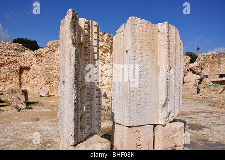 En poutres apparentes avec des inscriptions, les Thermes d'Antonin, Carthage, Tunis, Tunis, Tunisie Gouvernorat Banque D'Images