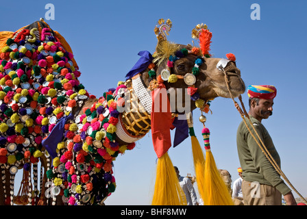 L'homme et son chameau décorées. Jaisalmer Desert festival. Le Rajasthan. L'Inde Banque D'Images