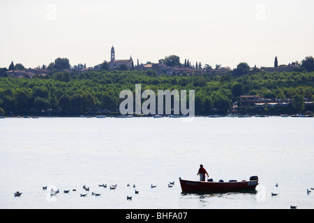 Pêcheur sur le lac de Garde près de Lazise, le lac de Garde, Vérone, Vénétie, Italie province Banque D'Images