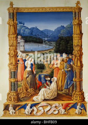 Religion, christianisme, livres, livre des heures du Duc de Berry, "Tres Riches Heures", 1410/1416, miniature par Jean de Limbourg, miracle de la vraie Croix, Musée Conde, Chantilly, , Banque D'Images