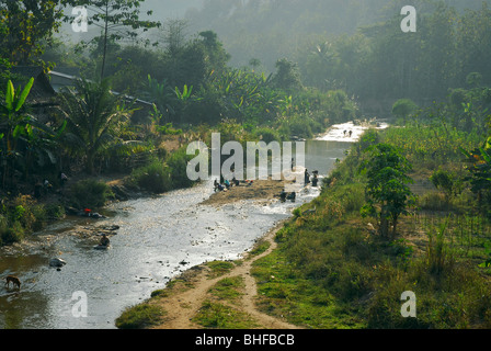 Karen réfugiés du Myanmar lave-linge dans la rivière, Camp de réfugiés près de Mae Sot, Tak, Thailande, Asie Banque D'Images