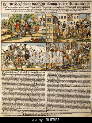 Justice, système penitdentaire, exécution, torture publique et brûlage de la vagabond familiy Pappenheimer, Munich, 28.7.1600, coupe du bois, grand écran de Michael Manger, Augsburg, 1600, collection privée, punition, puces, nouvelles, journaux, médias, presse, Bavière, Allemagne, XVIIe siècle, historique, historique, peuple, Banque D'Images